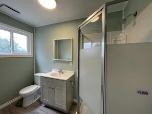 Baignoire, séchoir à cheveux, papier de toilette