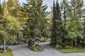 A residential area with a driveway leading to a house, surrounded by dense trees and a sign that reads 'Snowy Creek.'