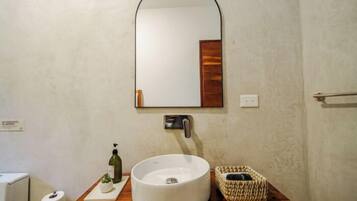 Une salle de bain avec un lavabo blanc, un miroir, un distributeur de serviettes et une petite plante.