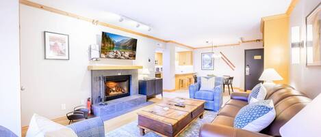 Télévision, cheminée, lecteur de DVD