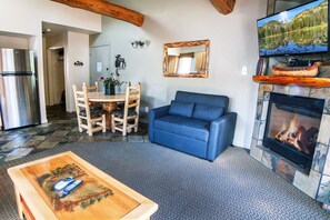 Televisión, chimenea, reproductor de DVD