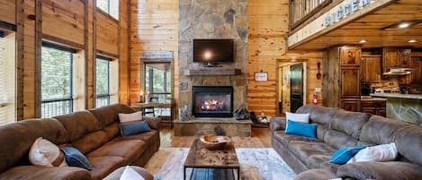 Smart TV, fireplace, foosball