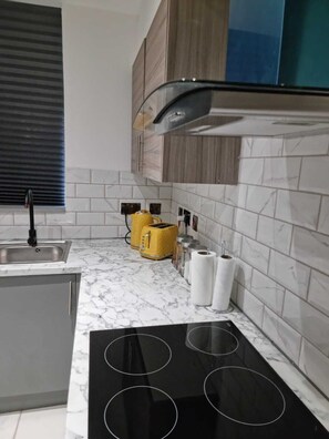 Apartment | Private kitchen | Fridge, microwave, oven, stovetop