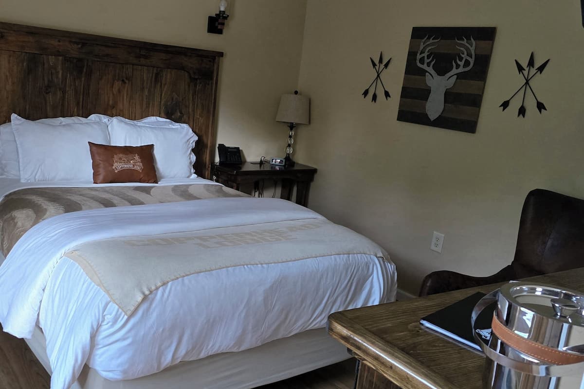 A neatly made bed with a white and beige bedspread, a brown pillow, a wooden headboard, a bedside table with a lamp, a phone, and a wall with a deer head and arrow decorations.