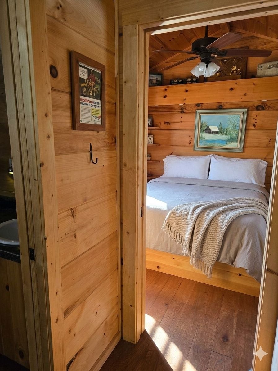 A wooden cabin room with a bed, a ceiling fan, and a framed picture on the wall.