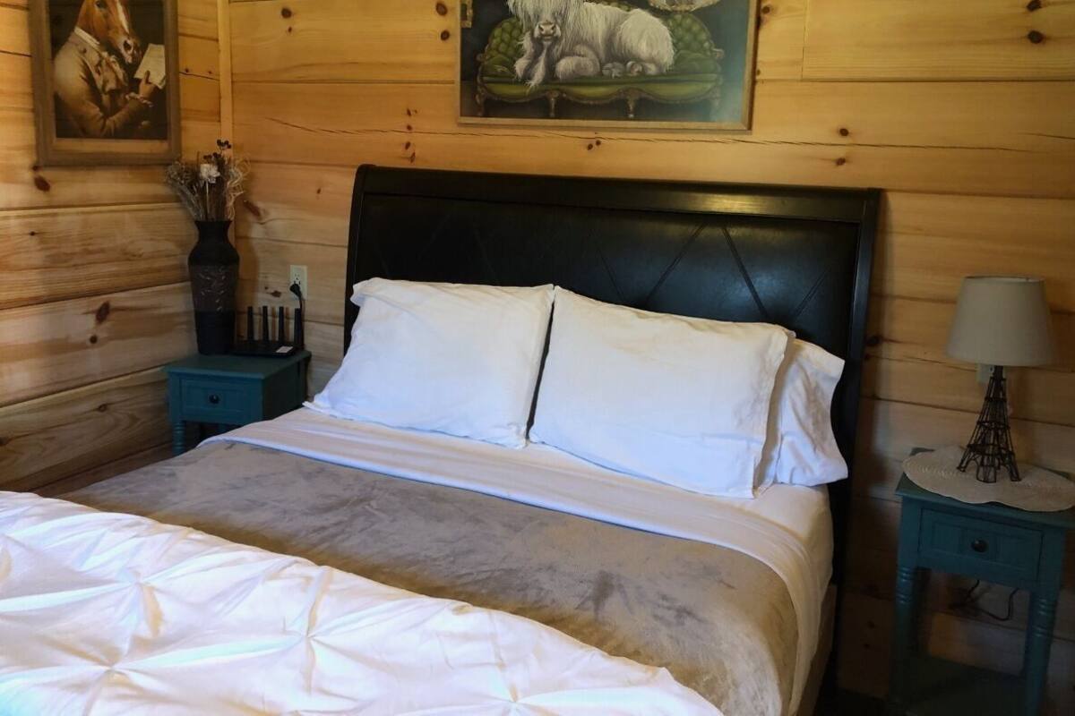A wooden cabin bedroom with a bed, a nightstand, a lamp, and a painting on the wall.