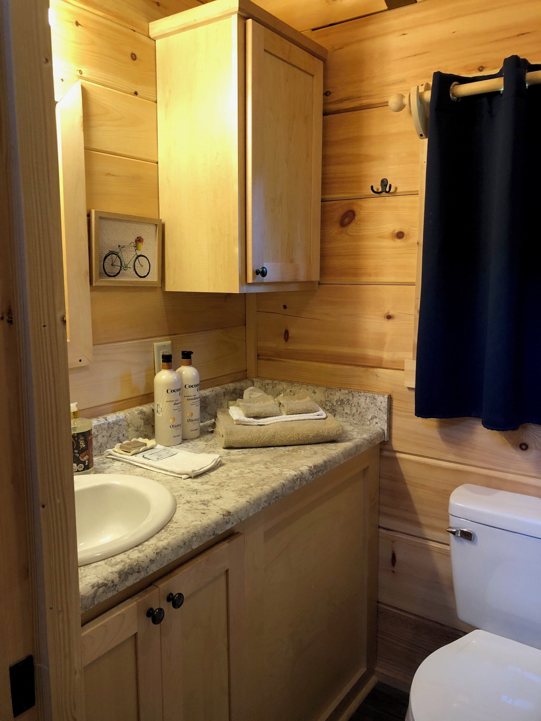 Een houten badkamer met een wastafel, toilet en kastjes. Er hangt een lijst met een afbeelding aan de muur en er is een handdoekrek.