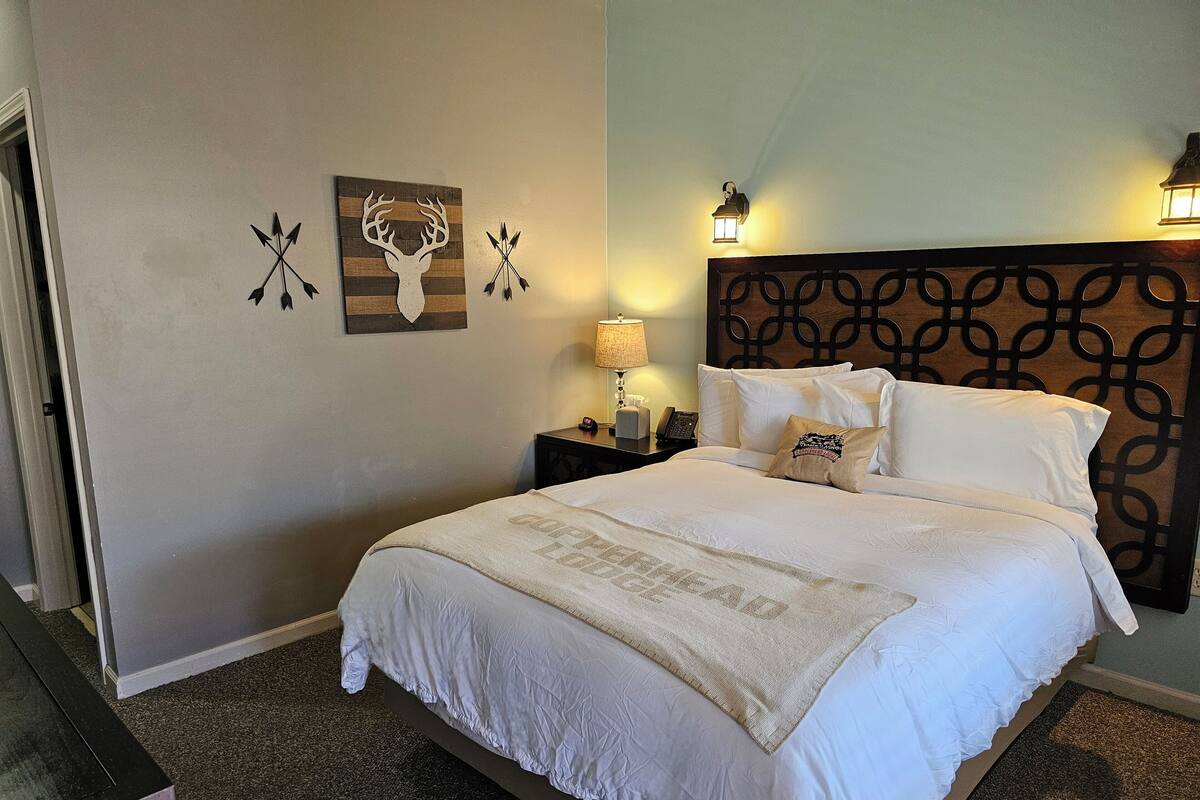 A neatly made bed with a white comforter and a decorative throw blanket, a nightstand with a lamp, and wall art including a deer and arrows.