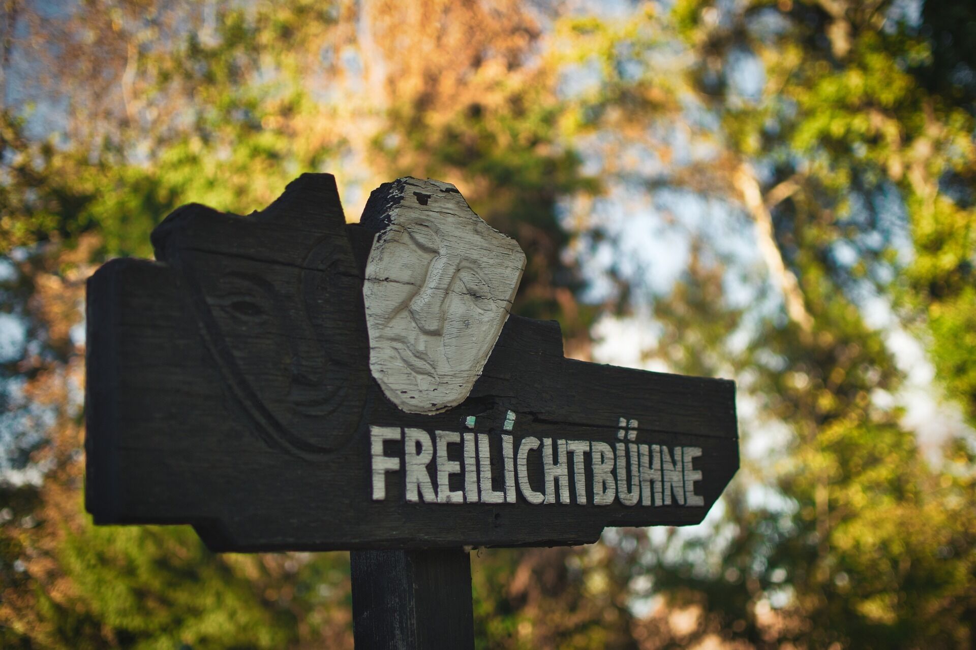 A wooden sign with the text "FREILICHTBUNNE" and a carved face.