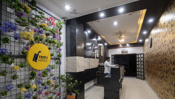 Un espace d’accueil avec un jardinier mural orné de différentes fleurs, un comptoir d’accueil et une horloge fixée au mur.