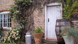 Una casa de pedra amb una porta blanca, una finestra i un jardí amb plantes i flors en testos.