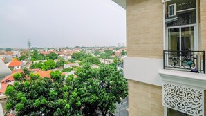 Un balcón con vista a una zona residencial, una ventana con molduras blancas decorativas y una barandilla de metal.