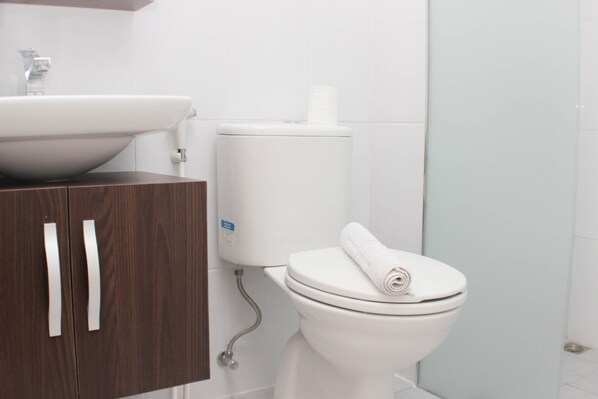 Shower, free toiletries, towels