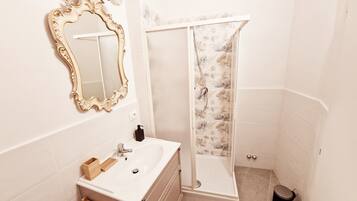 Shower, hair dryer, bidet, towels