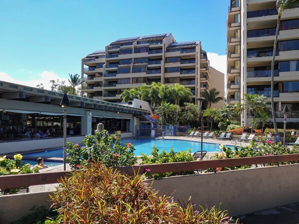 Un hôtel doté d’une piscine, d’un espace extérieur aménagé et d’un bar.