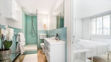 Shower, hair dryer, towels