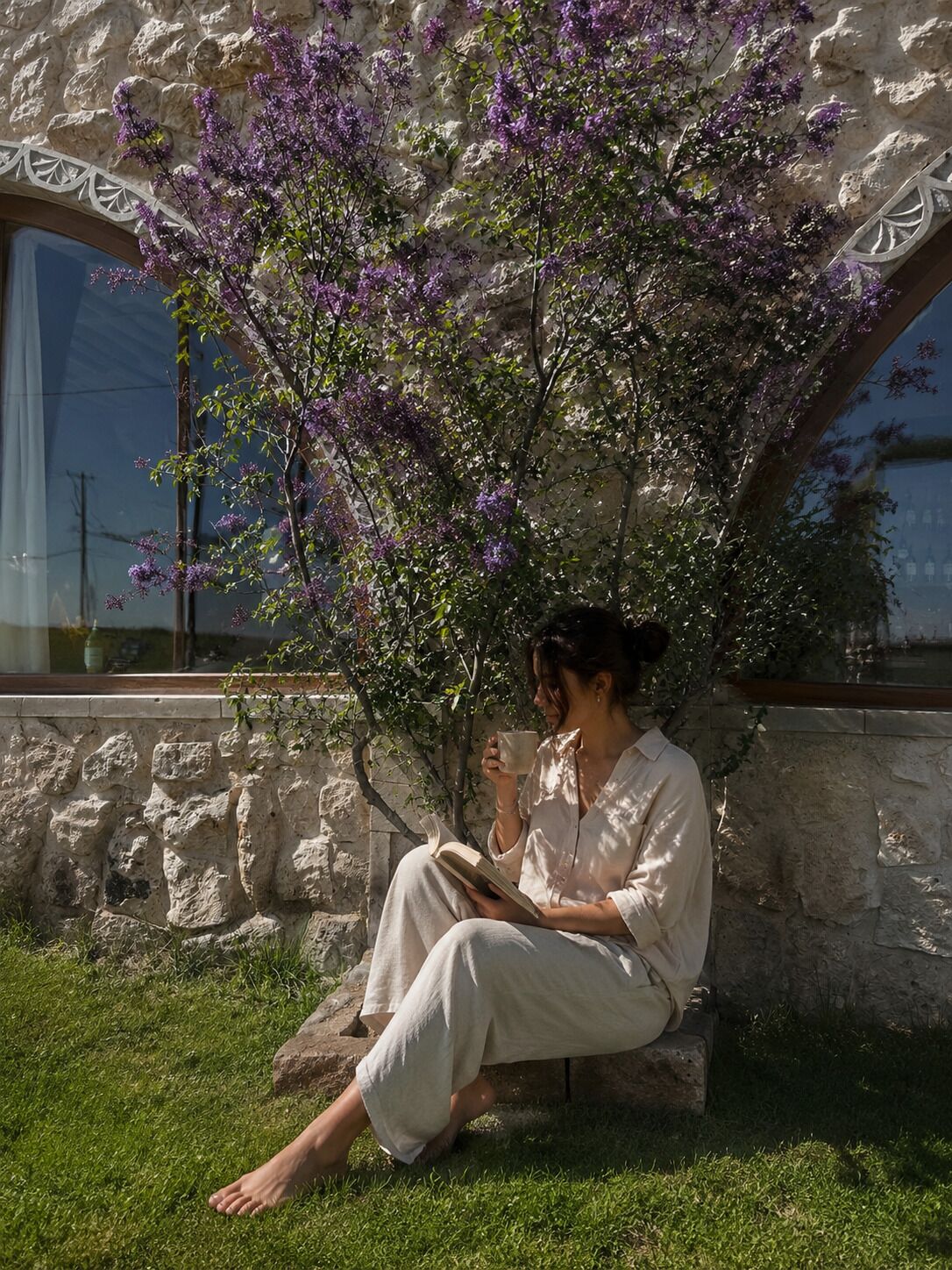 A person sitting on a stone bench under a flowering tree, reading a book.