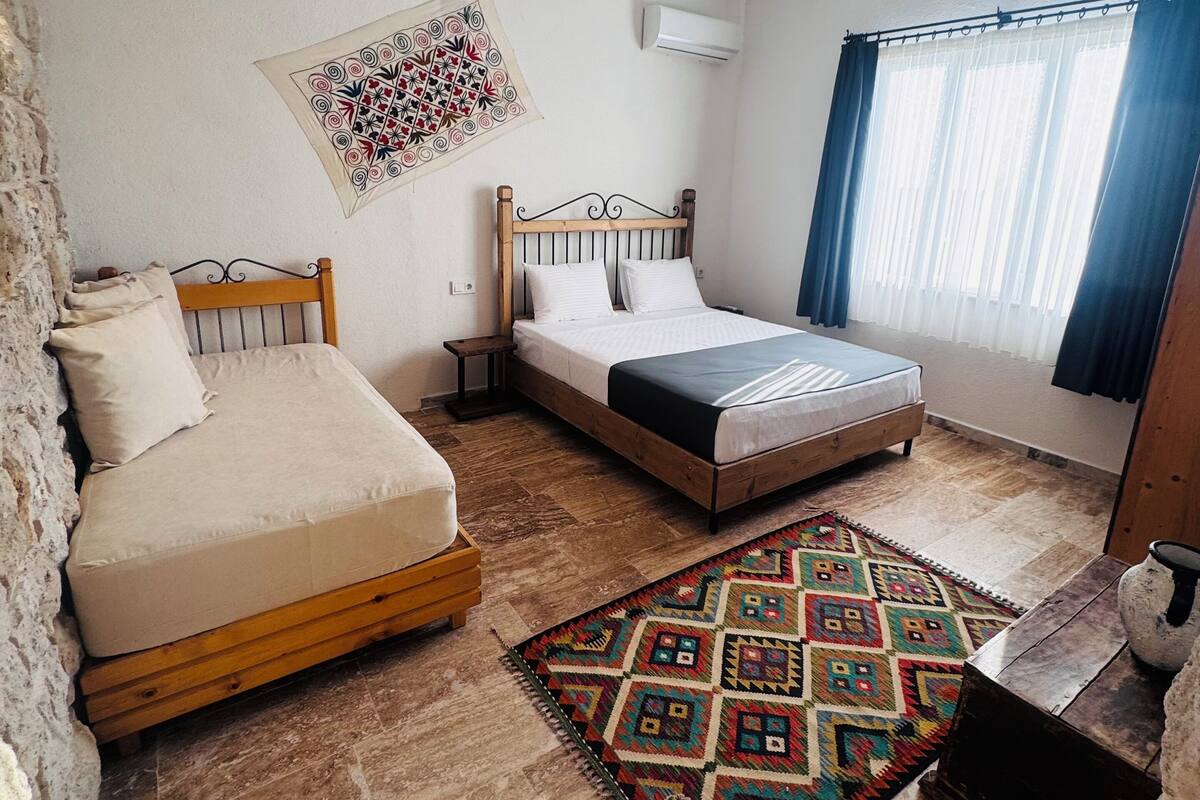Ein Schlafzimmer mit einem Bett, einem Sofa, einem gemusterten Teppich und einem Deckenventilator.