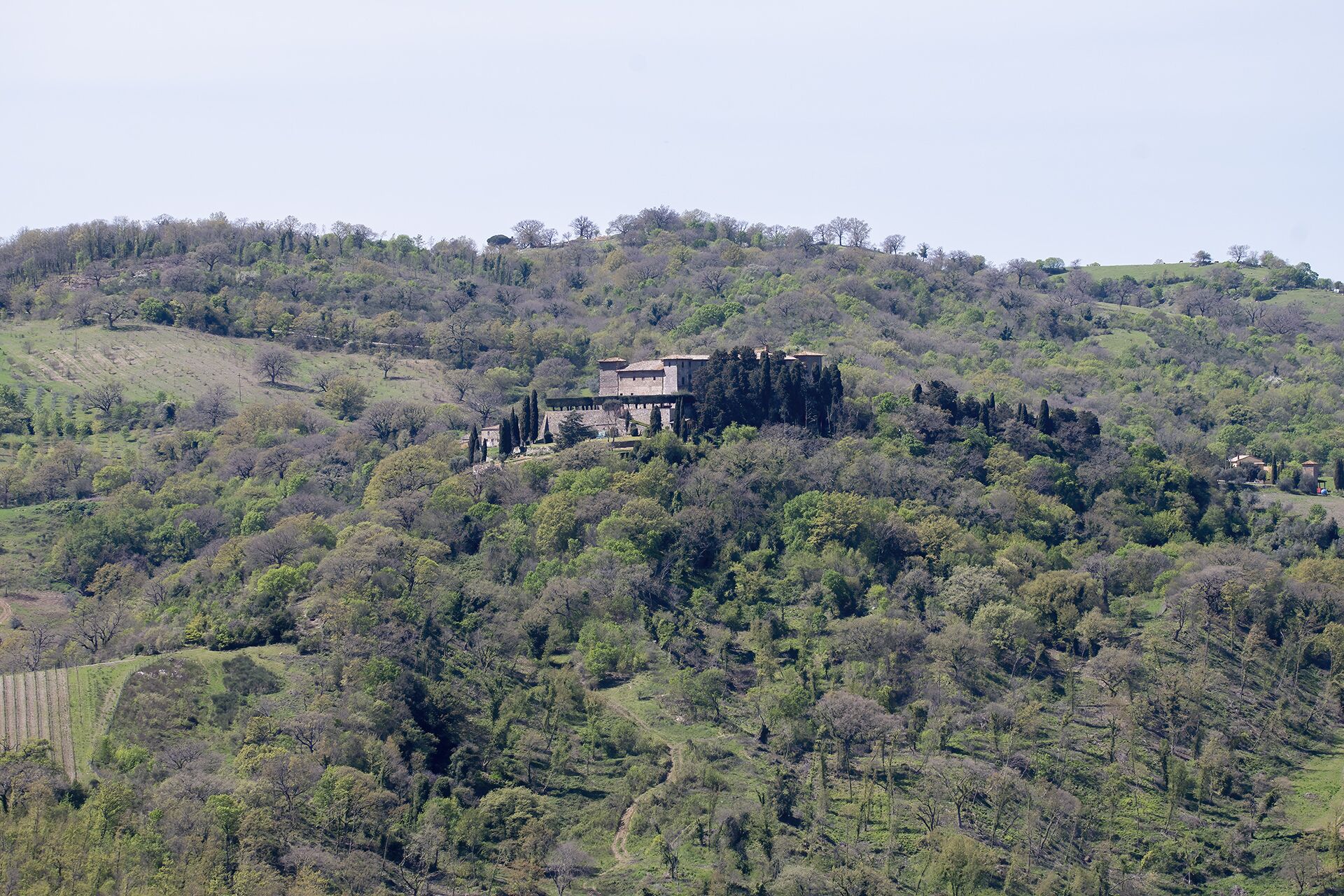 A castle-like structure on a hill surrounded by dense greenery.
