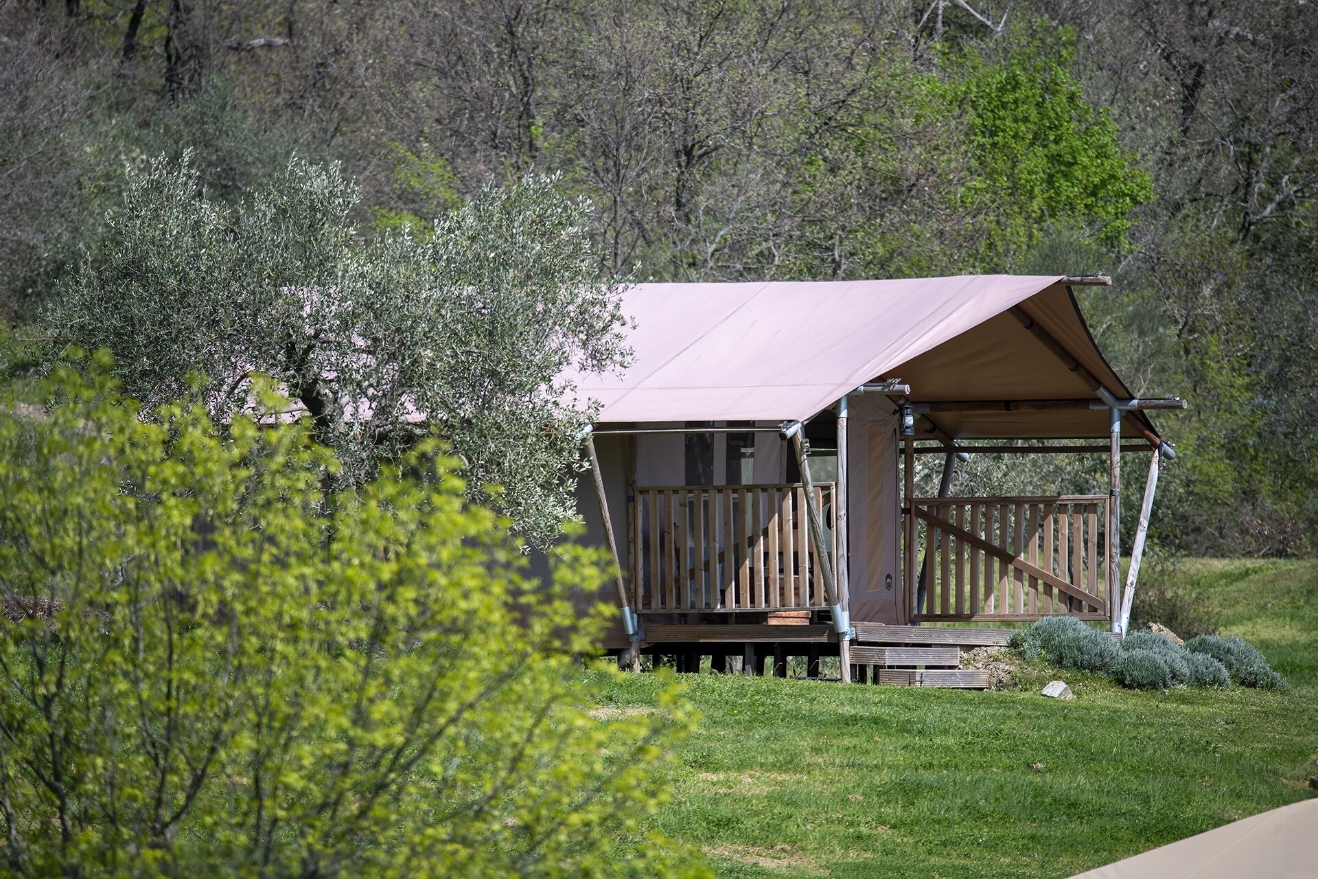 A small, single-story cabin with a wooden deck and a covered porch, surrounded by greenery and trees.