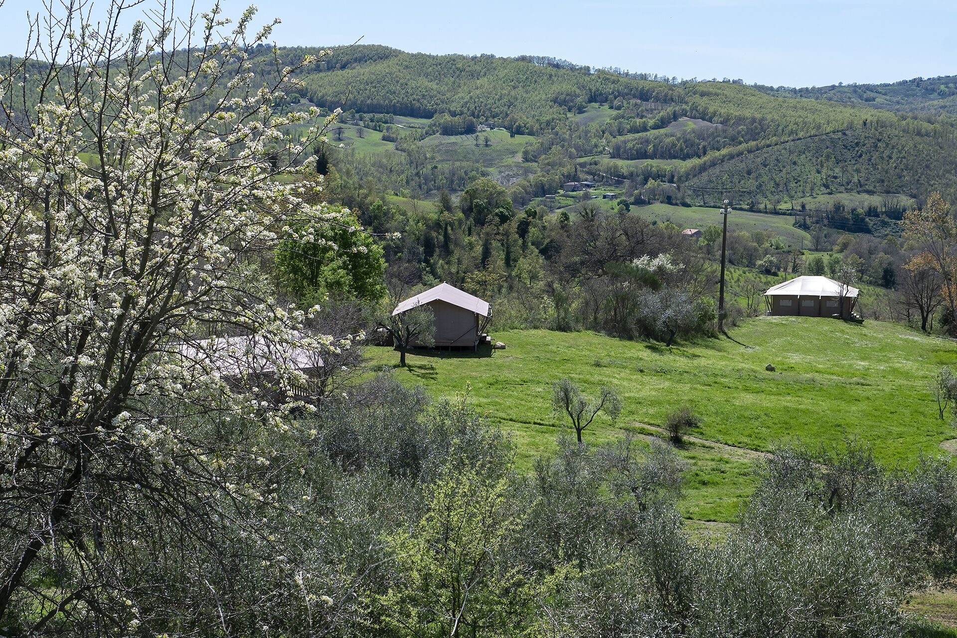 A rural landscape with two small buildings, one with a sloped roof and another with a flat roof, surrounded by lush greenery and hills in the background.