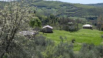 A rural landscape with two small buildings, one with a sloped roof and another with a flat roof, surrounded by lush greenery and hills in the background.