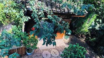 A garden with a tiled roof structure, surrounded by various plants and trees.