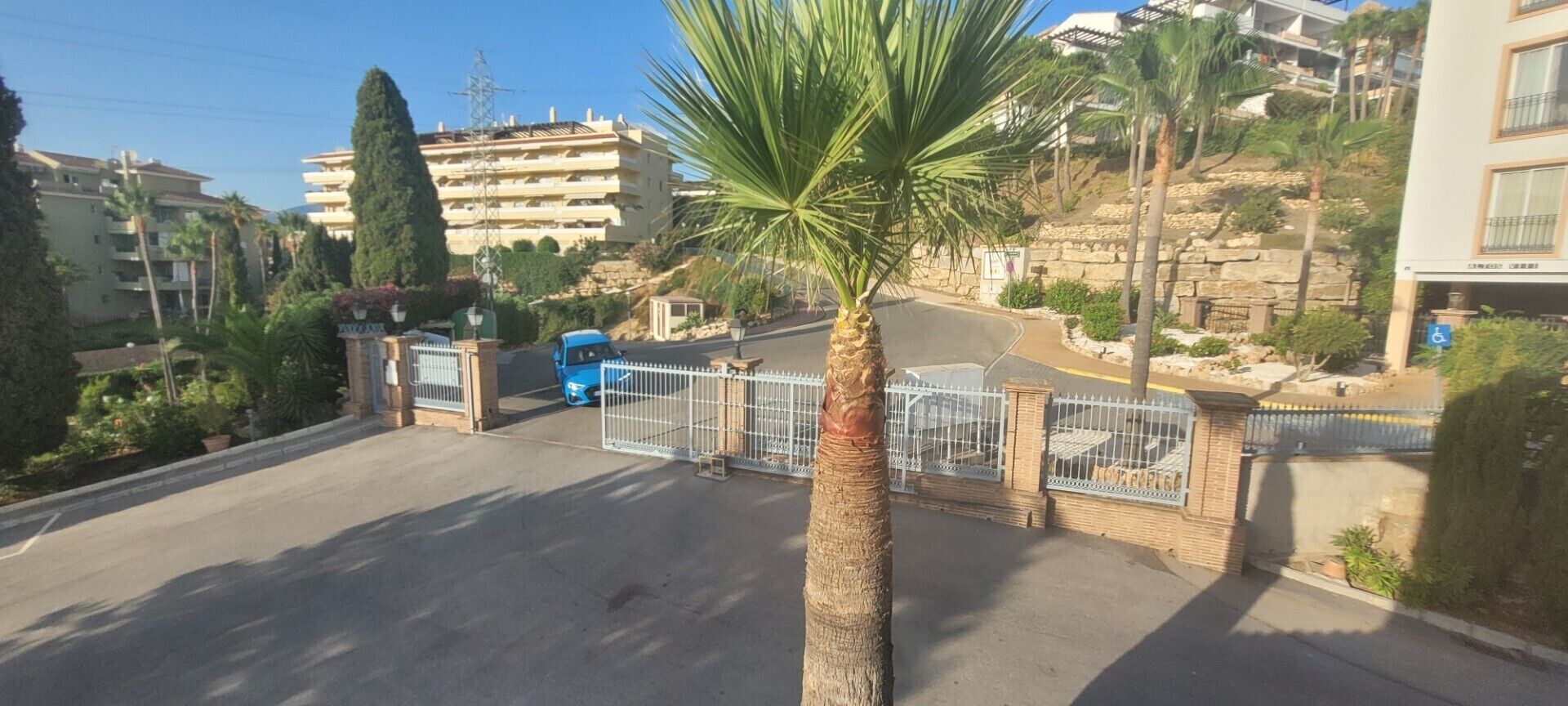 A gated parking area with a palm tree in the foreground, a blue car parked inside, and a building with multiple balconies in the background.