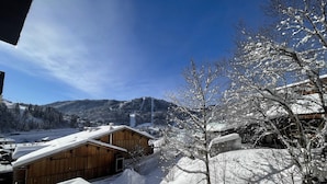 A wooden cabin with a snow-covered roof, surrounded by snow-covered trees and a mountainous landscape in the background. - VIKING 23 - Village center apartment - Parking (La Clusaz)