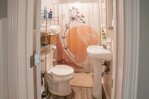 Regadera, secadora de cabello, toallas, jabón