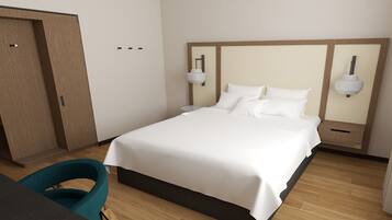 Een netjes ingerichte hotelkamer met een bed, nachtkastjes, een kledingkast en een stoel.