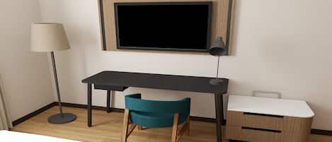 A modern room with a desk, chair, lamp, and a small bedside table.