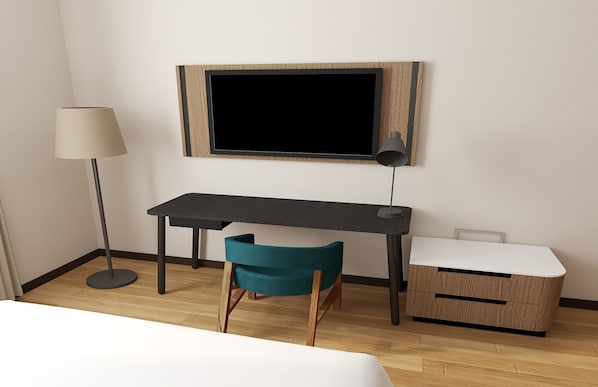 A modern room with a desk, chair, lamp, and a small bedside table.
