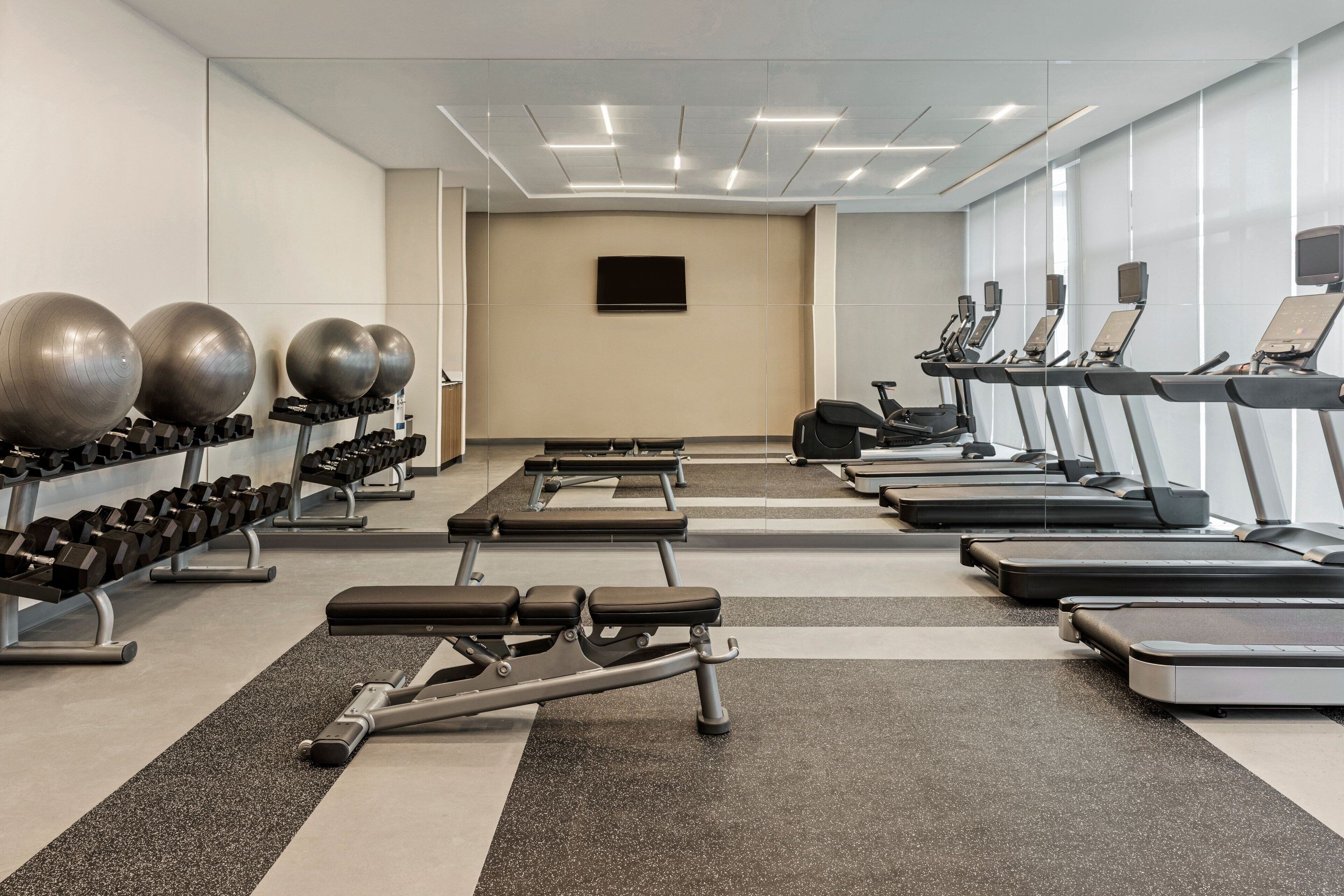 A gym with treadmills, elliptical machines, and free weights.
