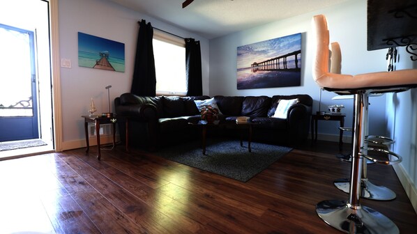 Smart TV, fireplace, books