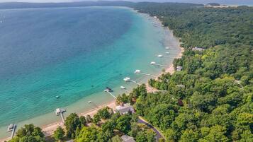 On the beach, sun-loungers, beach towels