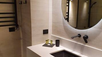 Shower, rainfall showerhead, hair dryer, soap