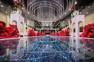 A spacious indoor area with a reflective floor, white pillars, and a central circular light fixture.