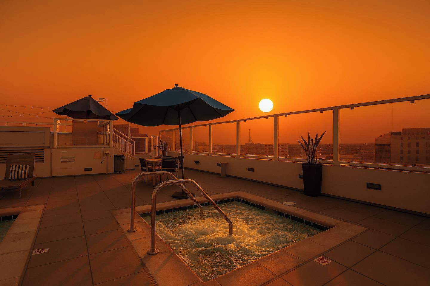 Area piscina sul tetto con due ombrelloni, una piscina e vista sulla città al tramonto.