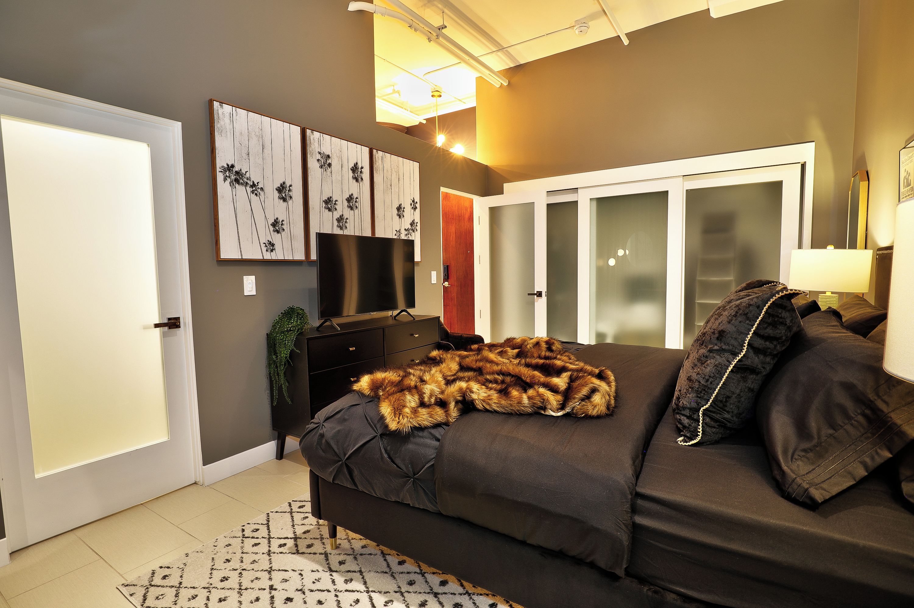 A bedroom with a bed, a dresser, a TV, and a closet.