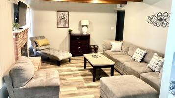 Smart TV, fireplace, books