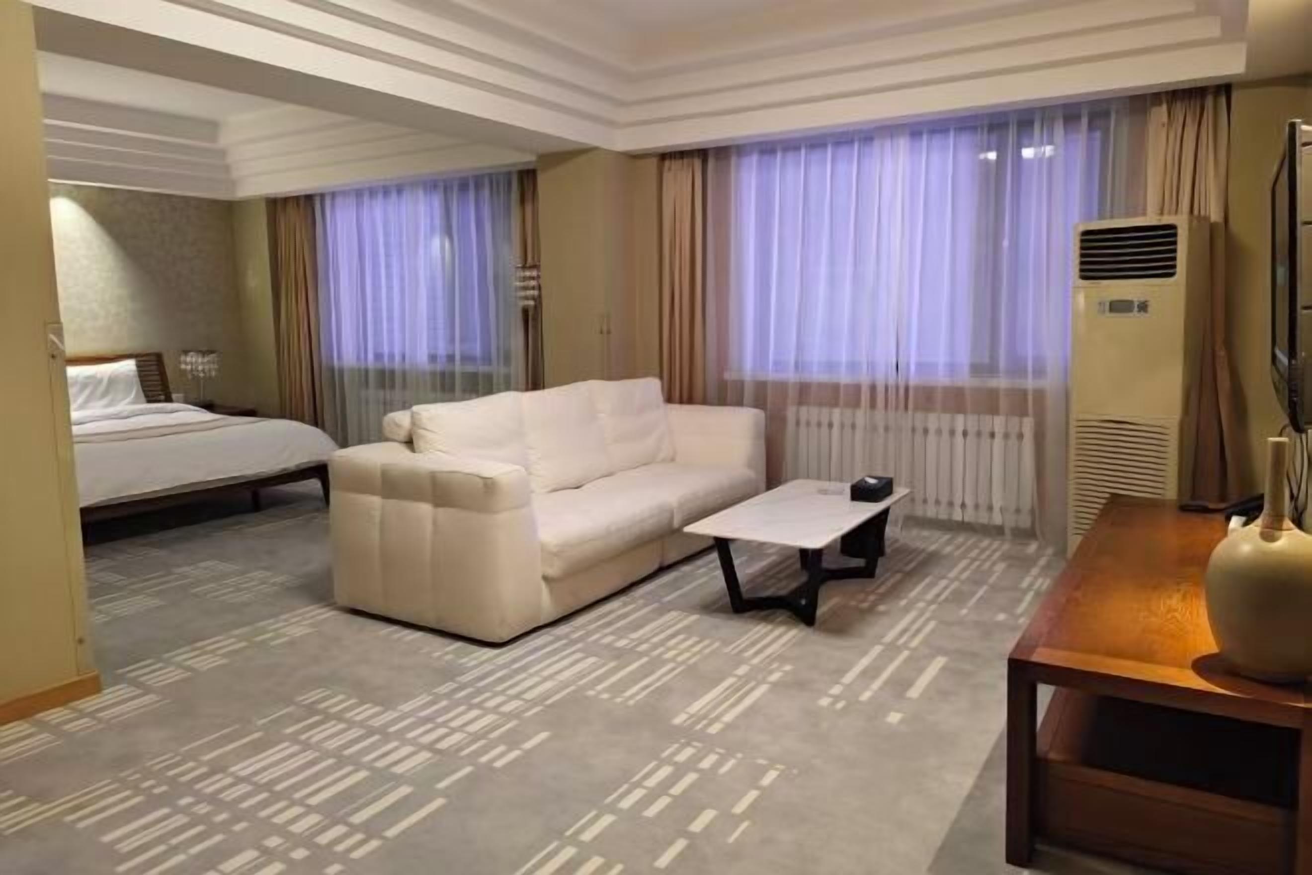 A hotel room with a bed, a sofa, a small table, and an air conditioning unit.