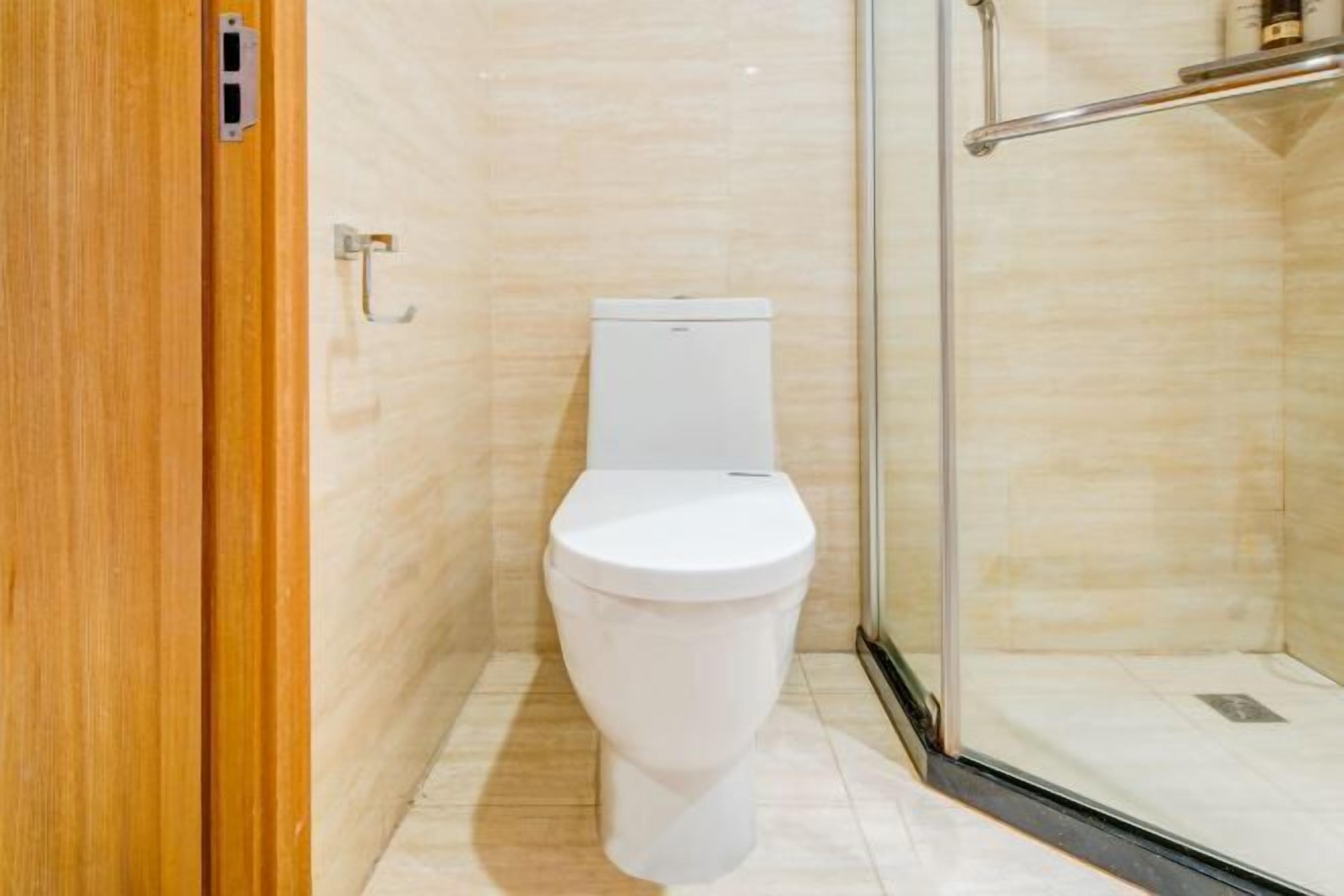 A modern bathroom with a white toilet, a glass shower enclosure, and a wooden door.