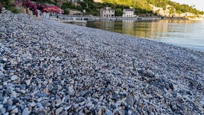 En strand med småsten och utsikt över byggnader och grönområden i bakgrunden.