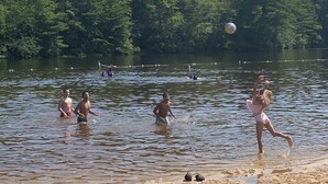 Ein Strand mit badenden und spielenden Menschen, umgeben von Bäumen.