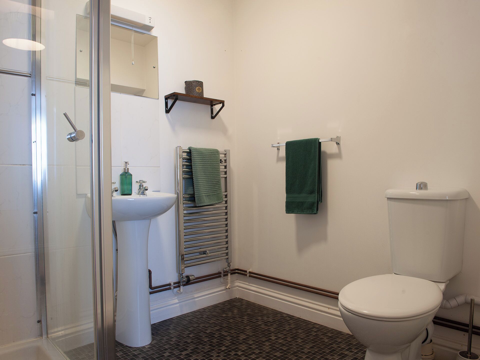 A bathroom with a glass shower enclosure, a white sink, a toilet, and a towel rack.