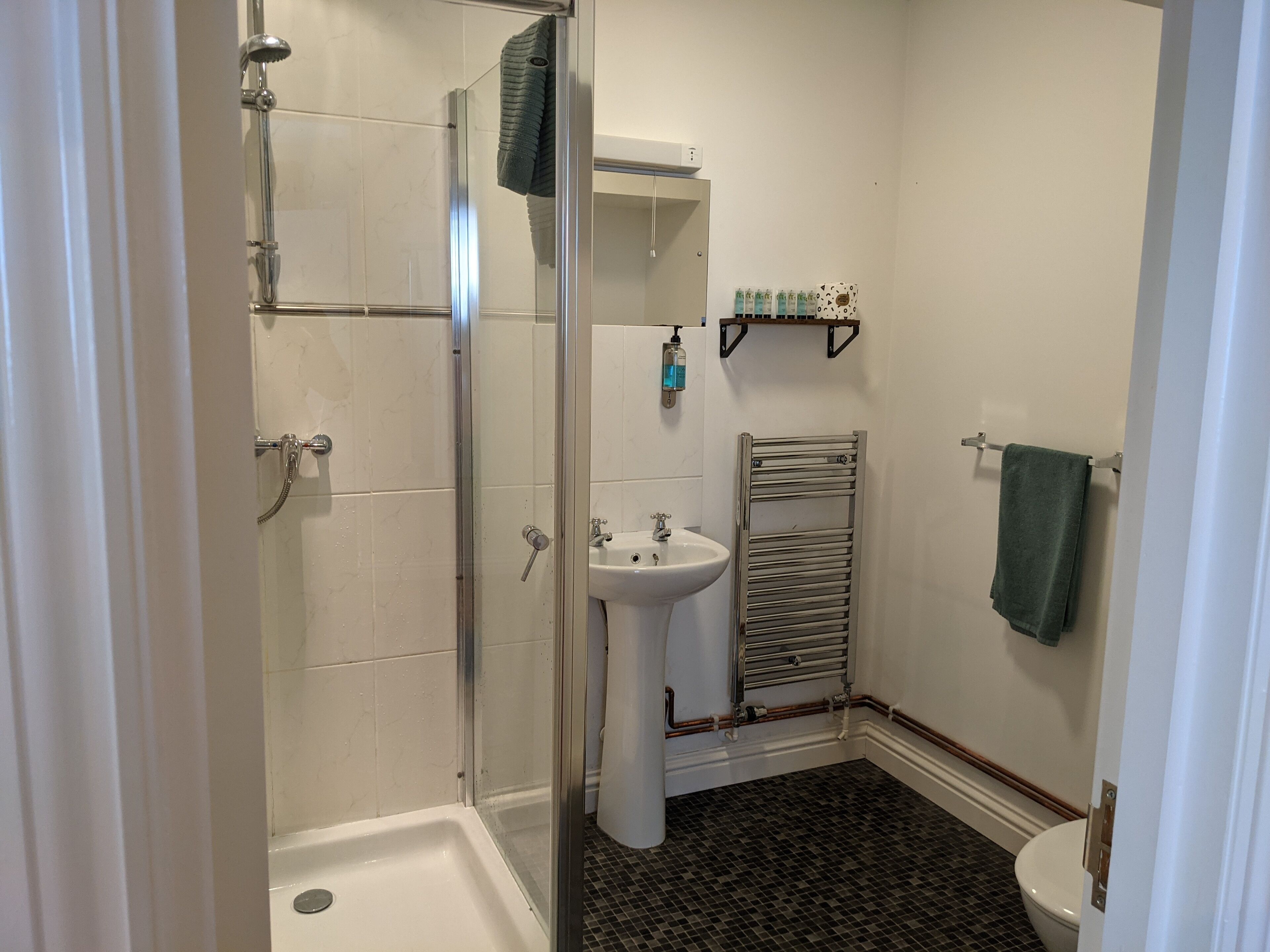 Bany amb dutxa de vidre, un lavabo amb peu, vàter i barra per a tovalloles.