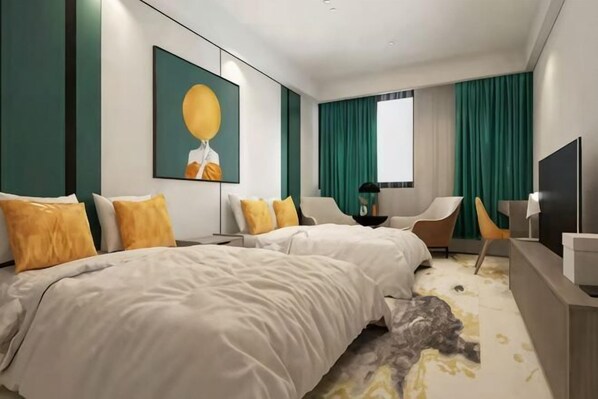 A modern hotel room with two beds, a flat-screen TV, a desk, and a chair.
