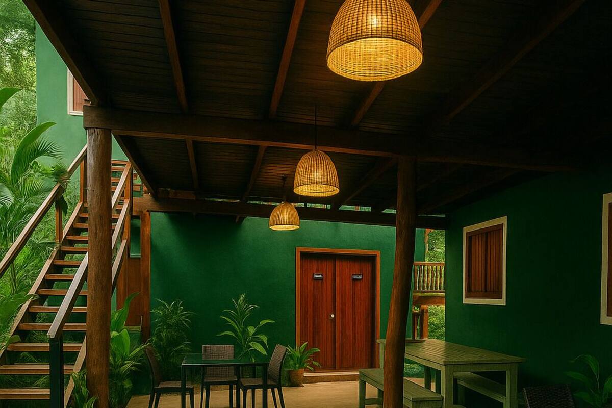Un espace extérieur aménagé en terrasse, avec des meubles en osier, un escalier en bois et un mur végétal.