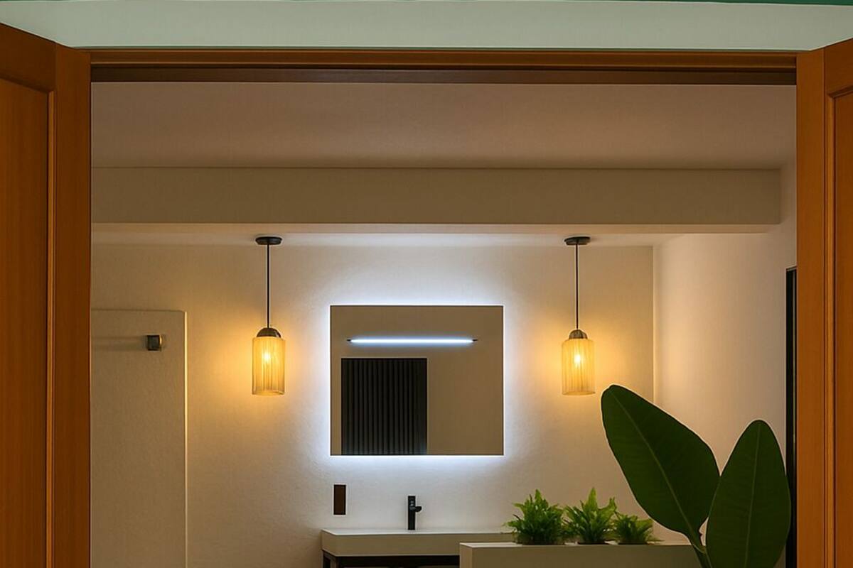 Une salle de bain moderne avec un miroir, un lavabo et deux lampes suspendues.